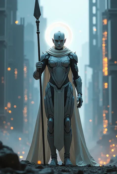 Futuristic warrior with a halo with a spear pointed at the sky.