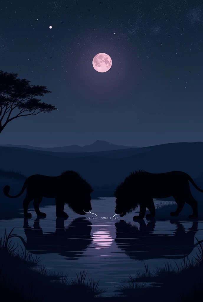 Une image de la savanne africaine avec des lions buvant de leau dans une nuit sombre. Et un enfant  regzrdant le ciel remplis de millions détoiles. 
Fait boire les lions
Met le titre Terres noires 
Les lions ont la langues dans leau. Rapproche encore la gu...