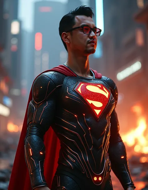 Indonesian man with a piano based superman suit in the burn city night, wearing glasses, 