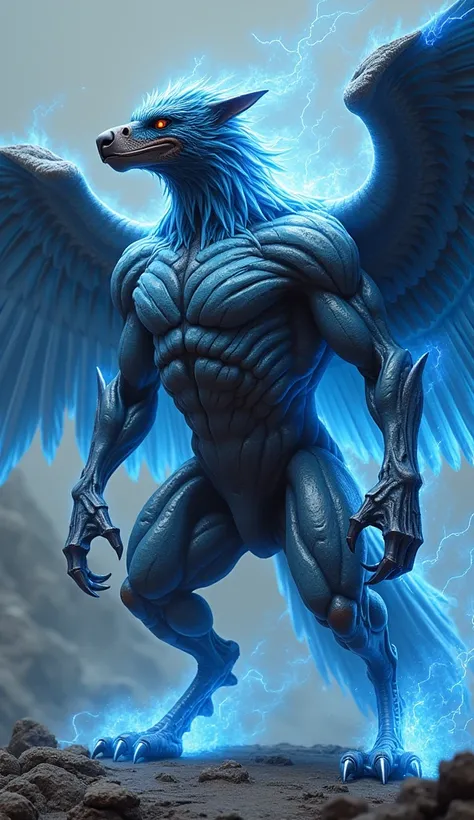 Hybrid generation: The fusion of a fierce, battle-ready Dog and an Eagle results in a formidable creature standing tall in a dynamic combat-ready pose. This dangerous hybrid has undergone a 200% mutation, amplifying its physical prowess and combat instinct...