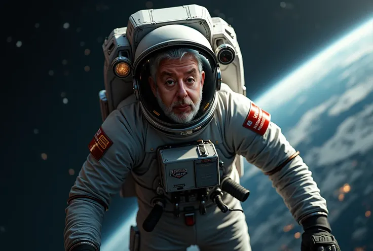 full-bodied aging male character wearing very modern space suit in outer space