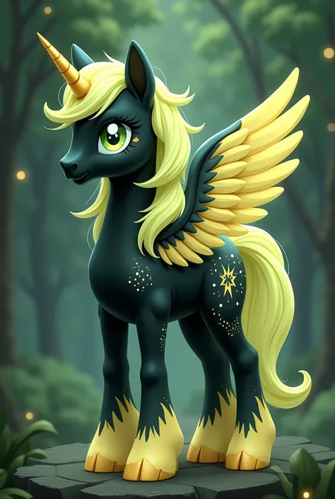 alicorn(combination of green unicorn and Pegasus )  with white spots all over the body, 2-colored eyes  ( left light green , right black )  with star pupils  ( with the same eye colors but in a different order)  black hair with light yellow  (That I combin...