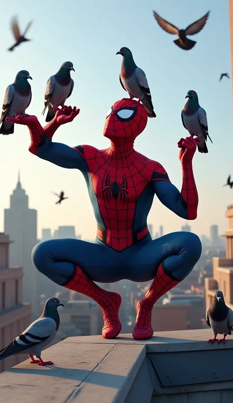 "A Spider-Man-like character playfully interacting with a group of pigeons on a rooftop. The scene is lighthearted, with birds perched on their arms, head, and web shooters, and the cityscape visible in the background."
