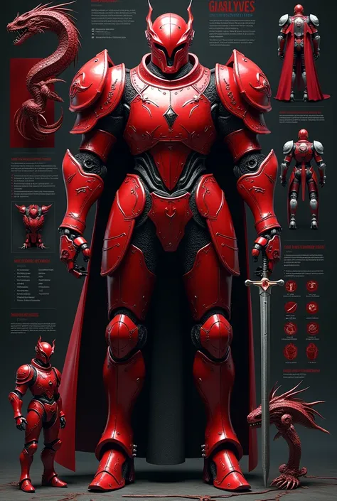 Infographic detail Ruby red knight suit,mechanized dragon detail knight, swordsman, black and red color scheme