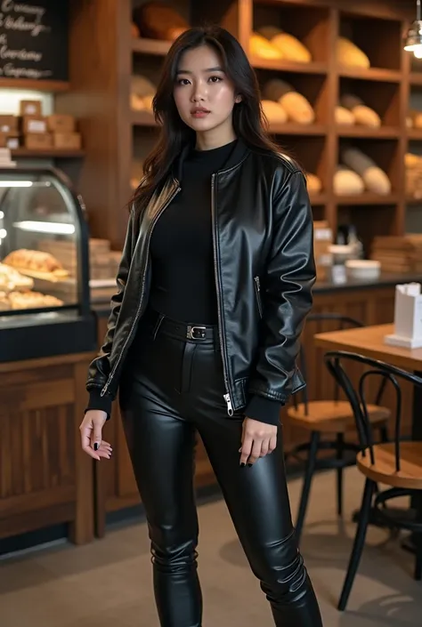 Korean women,  wearing a black leather bomber jacket. Closed jacket . Leather Pants, boots. Posing in a bread store.  full body . Big body 