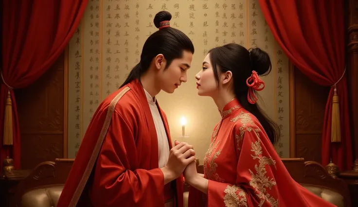 A couple in traditional ancient Han Chinese clothing, against a luxurious and dimly lit backdrop, with red curtains and elaborate decorations. The man, with his dark hair styled in a bun and wearing a red robe decorated with gold embroidery, gazes lovingly...