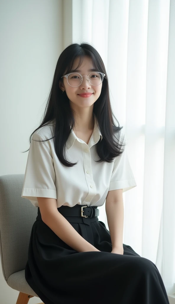 Realistic, Super 20K ,Full HD, portrait view of young Korean woman in 21 years old , she has inspired from Kim Jisoo , pale skin , long straight black hair ,open forehead, and wearing round transparent glasses. Her outfit is wearing Thai university student...