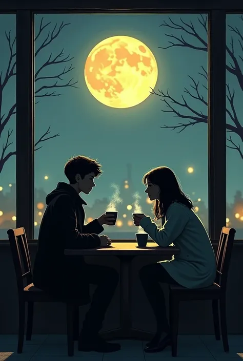 Create a cover for a book where the background is a coffee shop and as the main image a boy in a black coat and a girl in a sweater are sitting at the table having coffee in the very low light of the moon 
