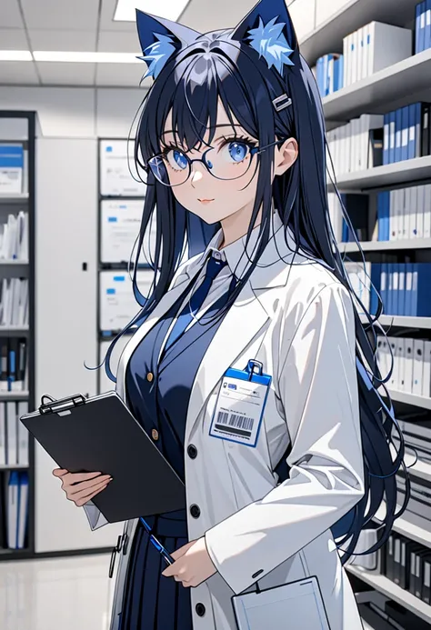 8K Ultra High-Quality, ultra-detailed, High quality, dark blue long hair, blue eyes, cat ears, glasses, white lab coat, skirt, holding a clip board, looking at viewer, side view, talking, close up, full body, office background