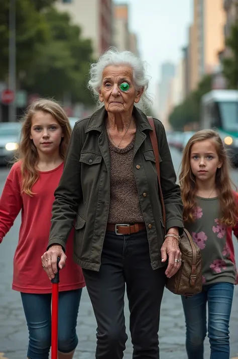  A photo of an elderly lady sawing with one eye and the other green , with a red guide stick .  crossing a street in Montevideo Uruguay with her two granddaughters, approximately 7 and 