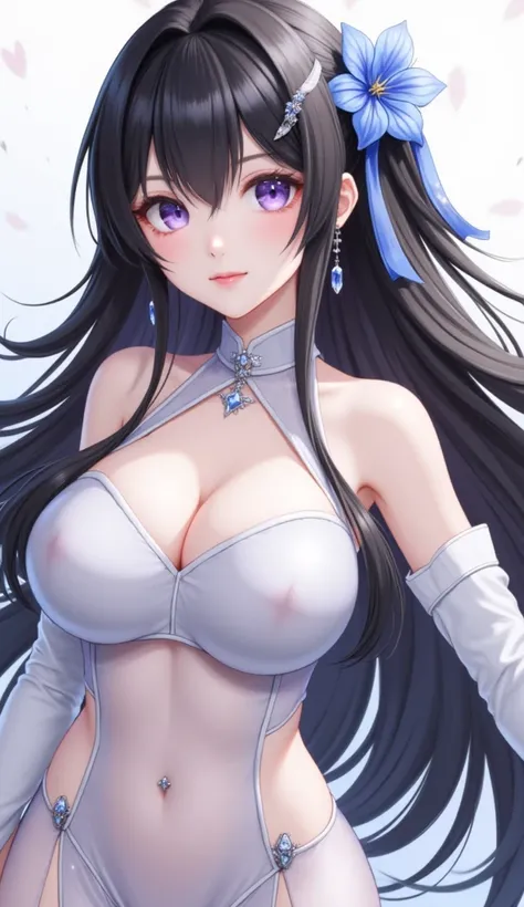 1girl, solo, long hair, breasts, looking at viewer, bangs, large breasts, black hair, hair ornament, dress, navel, cleavage, hair between eyes, bare shoulders, jewelry, very long hair, closed mouth, purple eyes, upper body, flower, ahoge, earrings, detache...