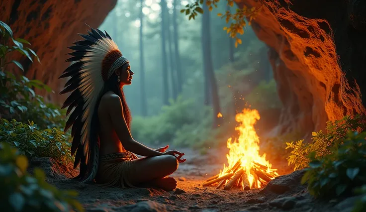 A cave with vegetation with real images and an American Indian with a plume from head to back a meditating bonfire 