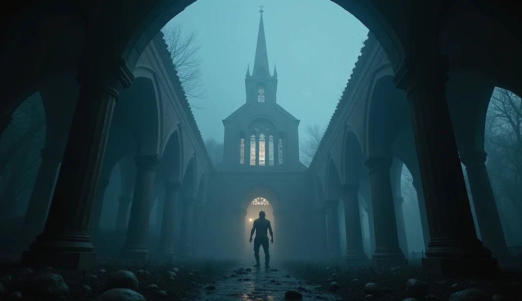 inside of gothic church, a strong  blonde man like daryl dixon survivor sneaks out of his hide, in his face you see he is nervous but ready for a fight,  spires cracked and partially collapsed.  a sinister glow emanates from within the church.  The atmosph...