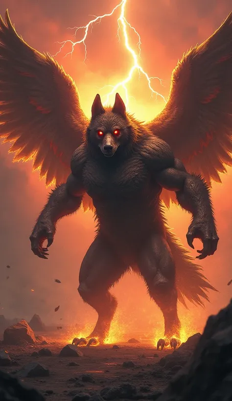 A powerful and dangerous hybrid creature, a fusion of a massive, muscular dog and a fierce eagle, stands at the brink of transformation in a mystical, war-torn fantasy landscape. The dog’s fur is mutated, thickened and bristling with raw, unnatural energy,...