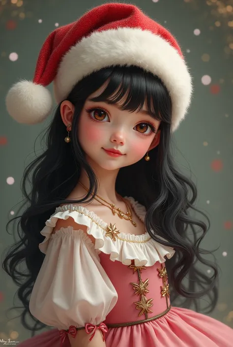 Girl with long black hair without fringes,  Christmas hat , pink and white Coquette dress, dark brown eyes .