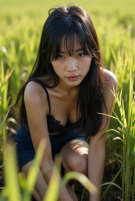 Realistic Photography, Thai woman with long black hair, slim figure wearing black lace bra, tiny navy-blue short pencil skirt, muddy bra, lie face down over planting rice in rice field, soft sunlight, light and shadow, realistic image