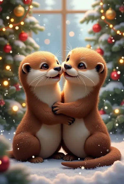 Give me an image of Christmas otters to share with my Christmas girlfriend, But that there are only two otters together 


