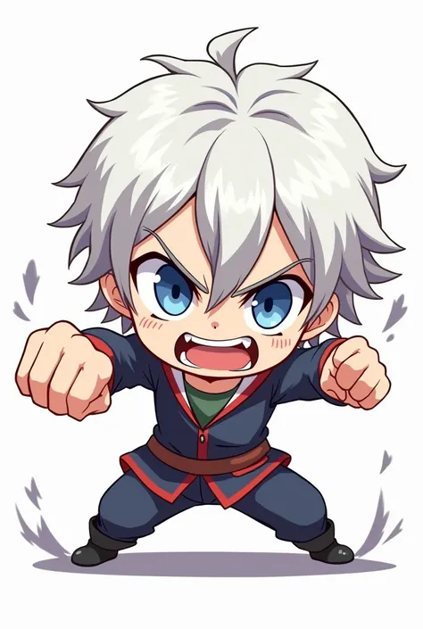 Anime chibi image in png format of anime girl with White hair and blue eyes having an angry face and getting ready to punch