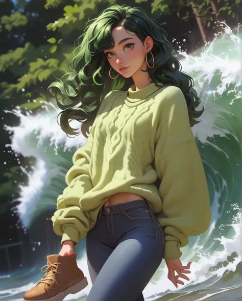 ( Masterpiece:1.2,  Best Quality ), 1 dama, Alone,  upper body ,  big tits , Skinny dark wash jeans, oversized sweater, booties, loose waves, central part, Simple hoop earrings, green park