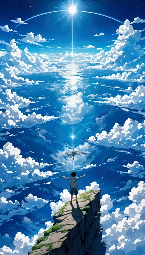 Fraction_9, Fraction_8_above, There is a sea of clouds realist !!!!!。，Crystal Cloud  !!!!!!!!!!!!!!!!!cloudy， Textured crystalline clouds anime-style a painting of a boy with arms outstretched!!!!!    on the edge of an abyss !!!  watching a vast sky ,  Stu...