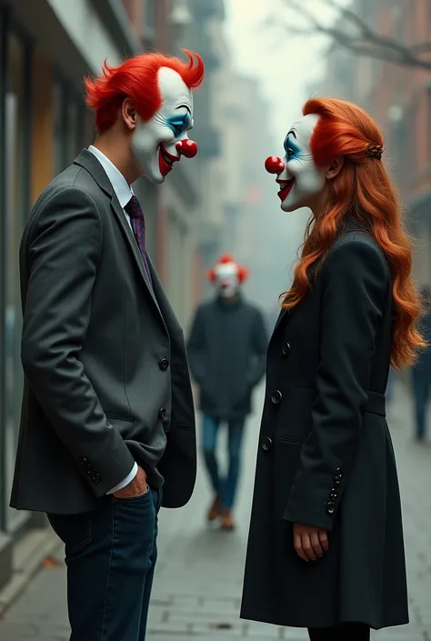  Make a good man with a kind face in black flannel jeans standing talking to a woman, with copper hair , pretty body that has a mask , Of a smiling clown, 
Another man wearing a clown mask   ,making it seem hypocritical 