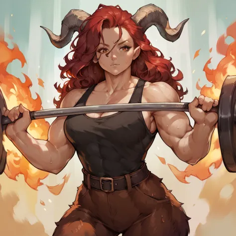 a female satyr with beige bullhorns, very muscular, wearing brown leather blacksmith top, front facing bull horns, had red hair, has brown eyes, had fair skin with freckles, working at a fiery forge, has a blacksmithing hammer, sweaty