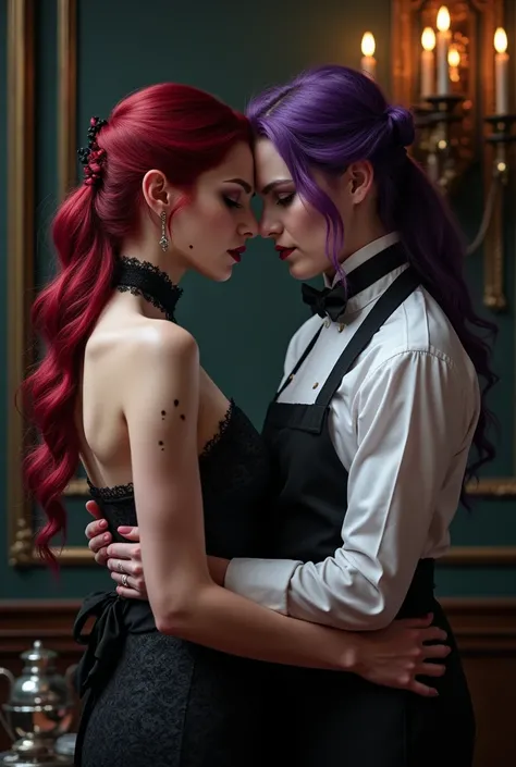  Two Gothic Vampire Chefs , from several companies ,  where one has burgundy hair and the other has dark purple hair and both are also in a love affair