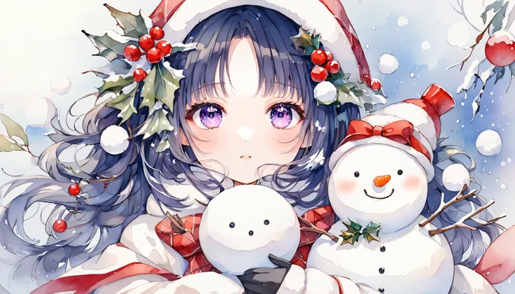  top quality, cute girl, snowman,Watercolor