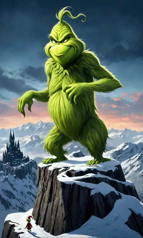 The Grinch (green, hairy, evil), does a villain laugh from atop a dark tower on a snowy mountain top