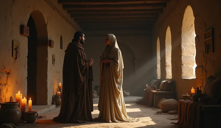 A man and a woman in an ancient house in the Bible 