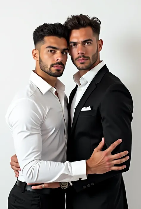 GAY HOUSE,  both men are extremely handsome and masculine, strong and masculine .  Elegant and seductive .  One is wearing a white dress shirt , black dress pants, The other a black suit .  white background. Eles estão abraçados. Alta resolução, Qualidade,...