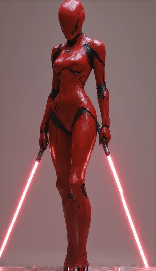 
Sexy female inquisitor (Star Wars), red armored leotard, wearing helmet, holding a lightsaber