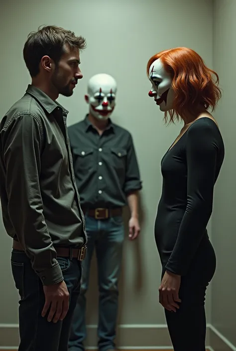  Make a good man with a kind face in black flannel jeans standing talking to a woman, with copper hair , pretty body that has a mask , Of a clown smiling and 
Another man wearing a clown mask   ,making it seem hypocritical 