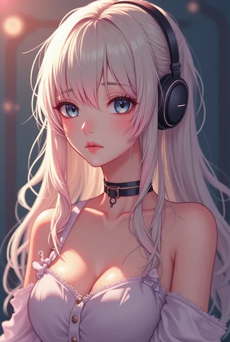 Hair: Platinum blonde, long with pink tips, shy, eye color: dark blue, anime-like body, 24 years old, shy, idol, headphones