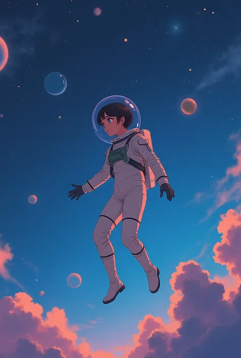 (a girl floating in outer space with a space suit that is skin tight), art by atey ghailan, painterly anime style at pixiv, art by kantoku, in art style of redjuice/necömi/rella/tiv pixiv collab, your name anime art style, masterpiece digital painting, No ...