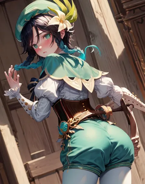 Masterpiece, Best Quality, Ventidef, beret, hat flower, white shirt, bow, long sleeves, frilled sleeves, corset, cape, green shorts, white pantyhose, Jewelry, brooch, bar, Blushing, lean, Back, behind, Shows ass, butt