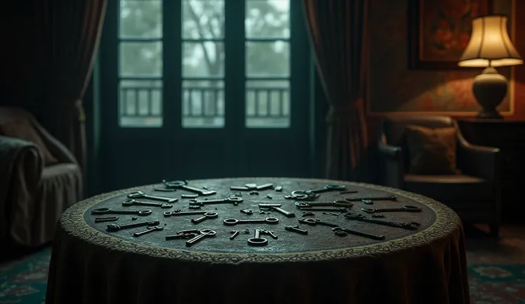 A bunch of keys on table of dark lavish room of palace in rajasthan in dark and horror theme 