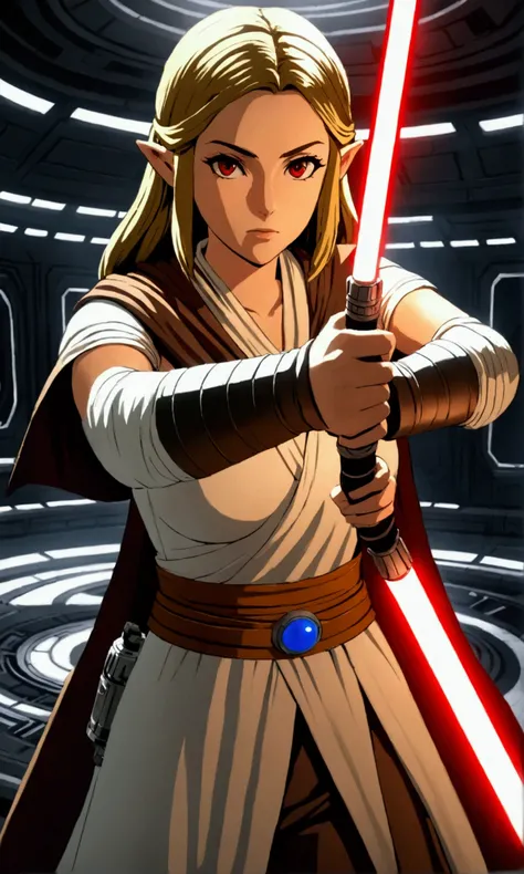 A full-body shot of Princess Zelda, black hair, red eyes, dressed as Rey Skywalker, 30 years old, mature, XL bust, gripping a one red light saber in only one hand, wearing a black cloak with red details, fighting, in a battle stance, Background: Inside the...