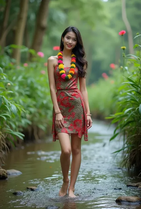 Professional photo, high resolution, Thai woman, beautiful face, wearing island dress, colorful garland, short skirt, long legs, smooth skin, model pose, playing in the stream, forest atmosphere, flower forest, mountain range