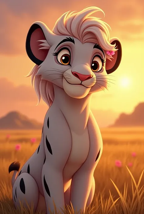 A female lioness in the classic Disney animation style, directly inspired by the 1994 Lion King. She has a soft white coat with elegant black stripes scattered across her body. Her large brown eyes convey a warm and strong expression, reflecting the beauty...