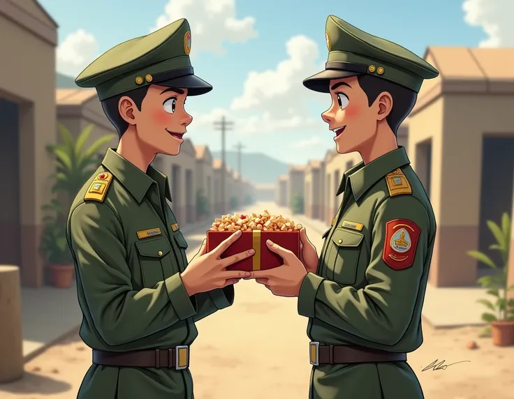  Conversation : Army : "male,  today I brought a box of candy my mom bought from abroad,  do you want to try it ?" male ( excited ): "Yes !  Sounds good !"