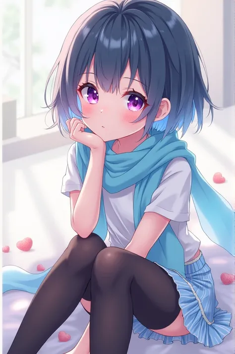 anime girl, short light blue hair with black locks, purple and pink eyes .   white skin , sky blue scarf, with a mini skirt and black tights 
Blushing,  with open legs 