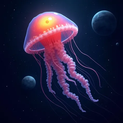  intergalactic space all star high resolution, masterpiece, Accuracy,  realistic anatomy ,  top quality,
Outer space with stars and planets, Vibrant colors and space textures, arafed jellyfish with a glowing eye in the dark, jelly,  Brilliant Tentacles , -...