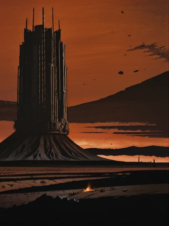  A tower towering over an apocalyptic landscape,  devastated world, ruins, Dark Tower, Dark red sky, volcano, cigarette, wilderness, Silence, Air of Death , Lonely