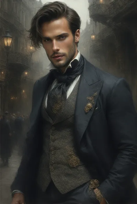 A very handsome steampunk man walking in a victorian aesthetic street, hyper realistic, beautiful, high detailed, 8k