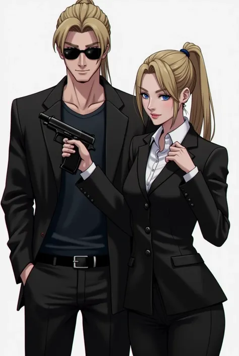 I would like to create a male and female character, holding a gun, wearing a black suit, tying their hair, wearing sunglasses, and the male wearing a black leather jacket underneath, wearing a white shirt, and holding a gun. 