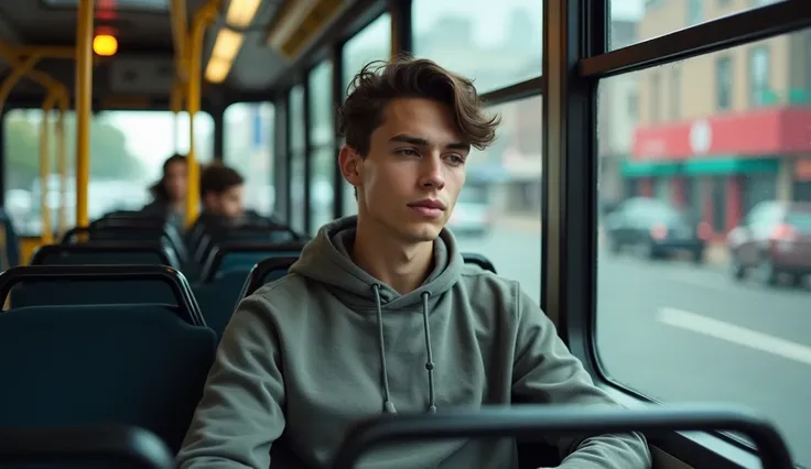 Young man sitting in a bus, high quality, reality, real photo