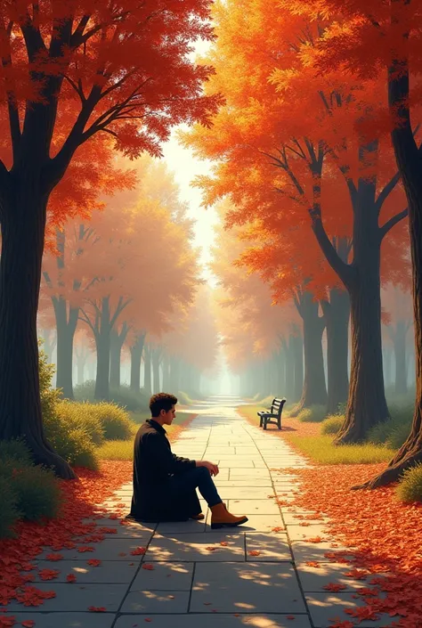 A large path with autumn trees and a bench and on the sidewalk a man sitting with black clothing and camel-colored boots