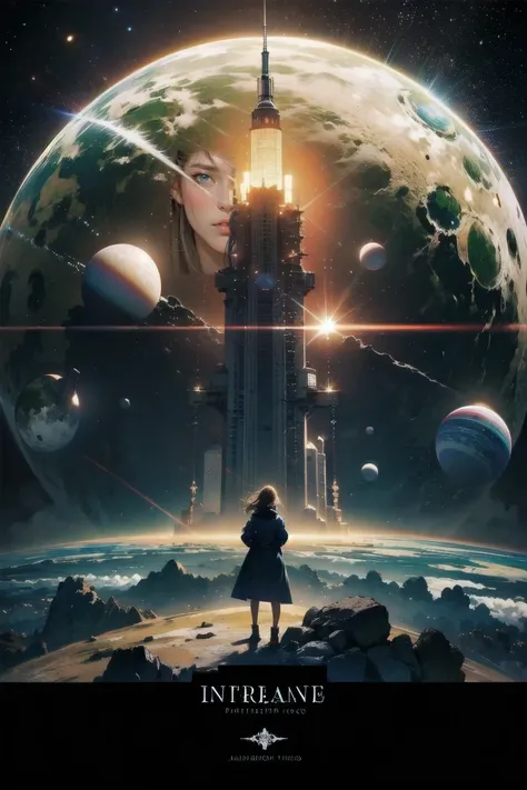 (masterpiece, best quality, high quality, highres, ultra-detailed, detailed background,), (Real、photorealistic:1.3), A woman stands in front of a picture of a planet, Futuristic city background, psychetrance artwork ,( Dark Tower),Interconnected human life...