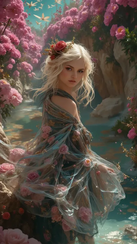 Fantasy World Art: A Dreamy Paradise**Pretty breathtaking fascinating woman

Create an official art piece in 8K resolution that transports viewers to a fantastical paradise. 

The scene features a single girl captured from a dynamic angle, surrounded by in...